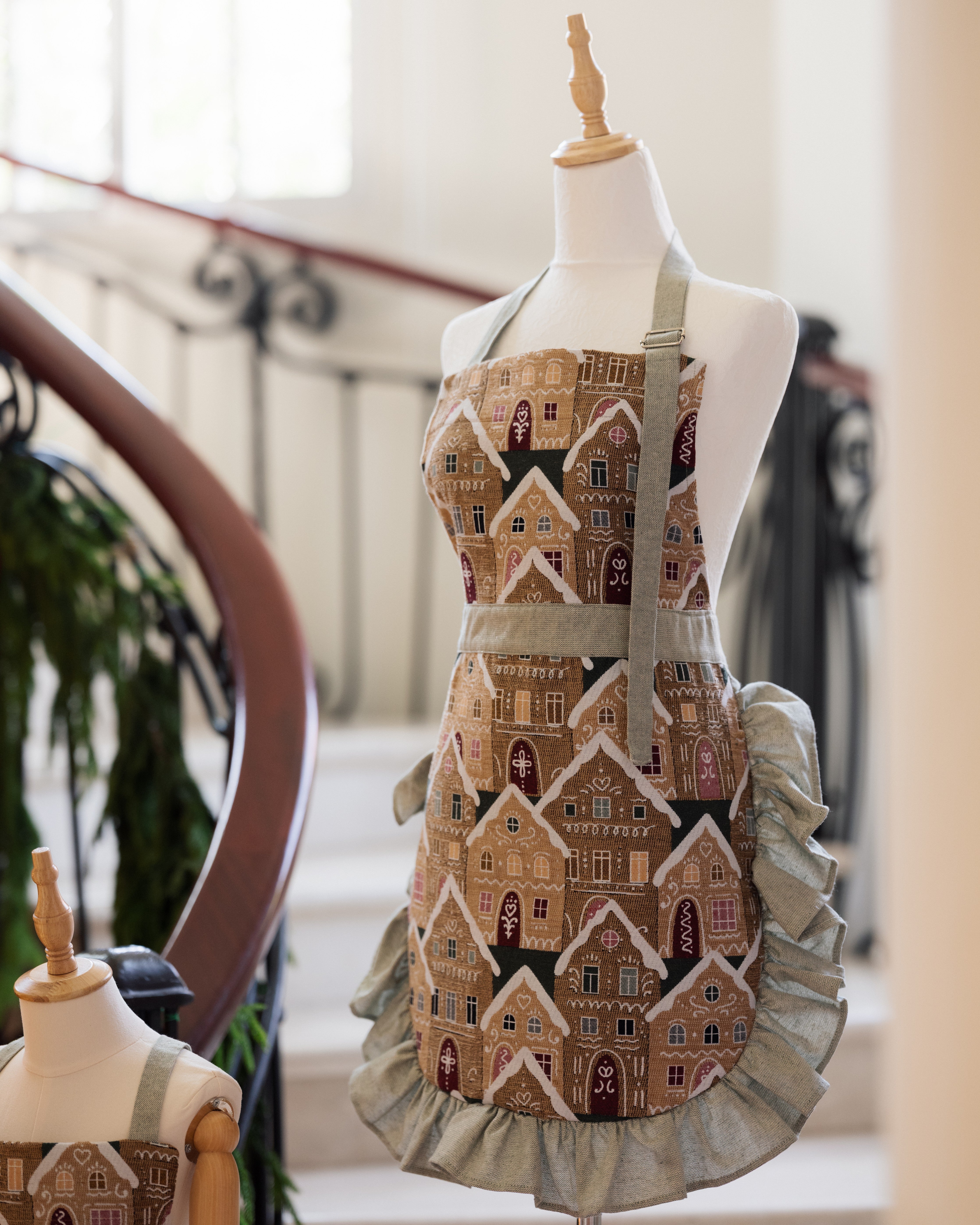 Gingerbread House Bib Apron with Green Ruffles