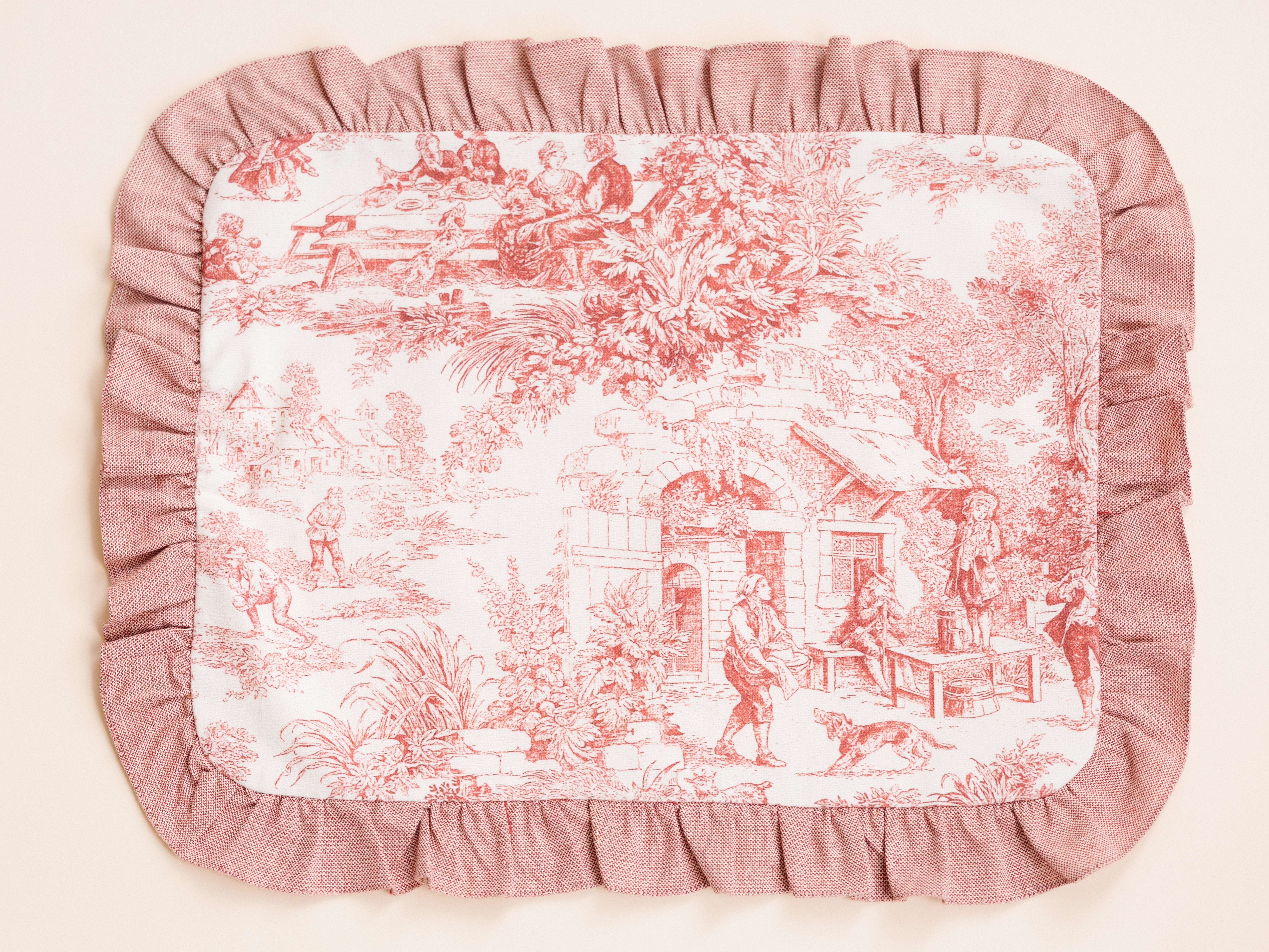 Rectangular Red Toile de Jouy Placemat with Ruffled Edge