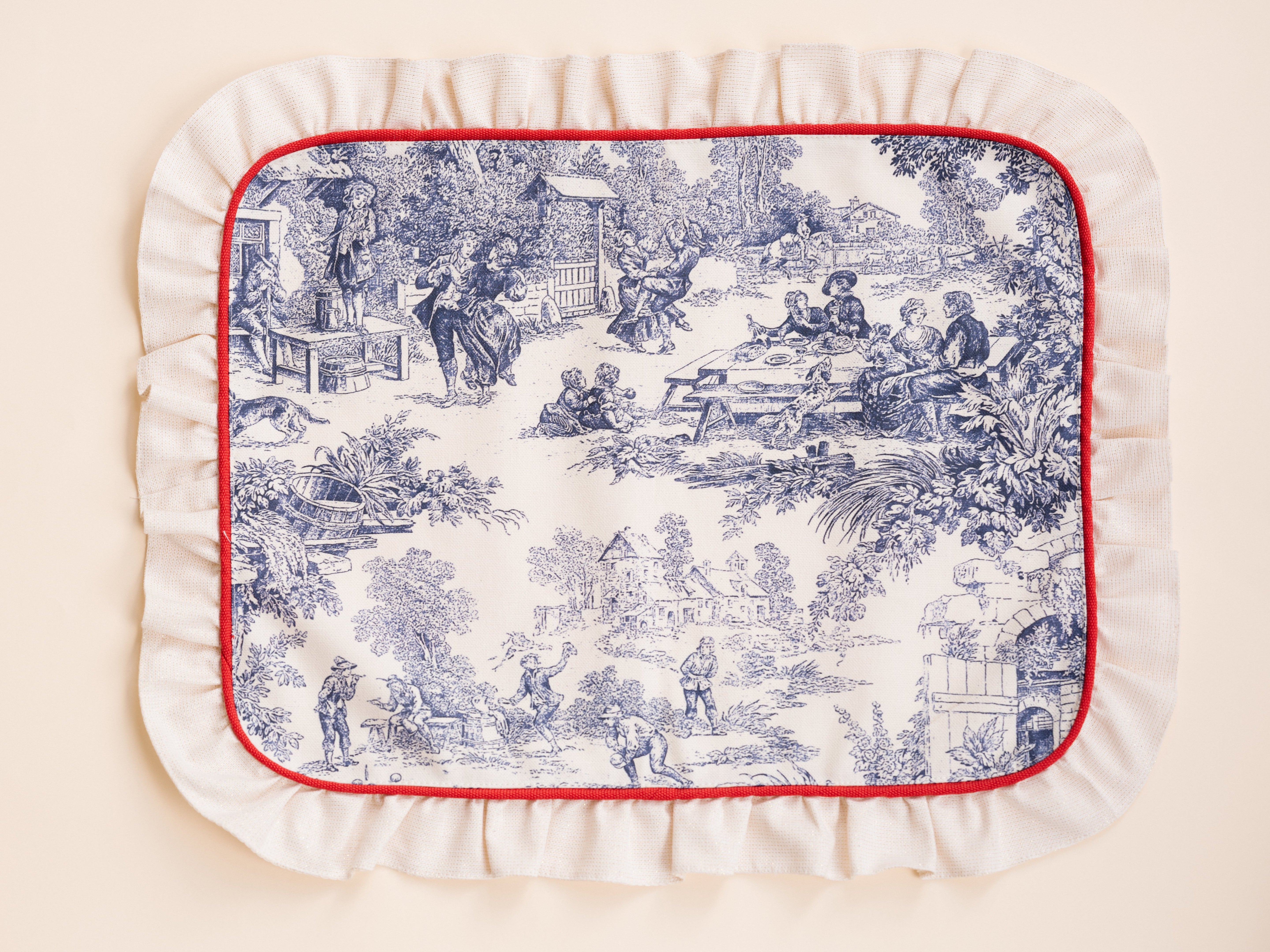Rectangular Blue Toile de Jouy Placemat with Red Piping