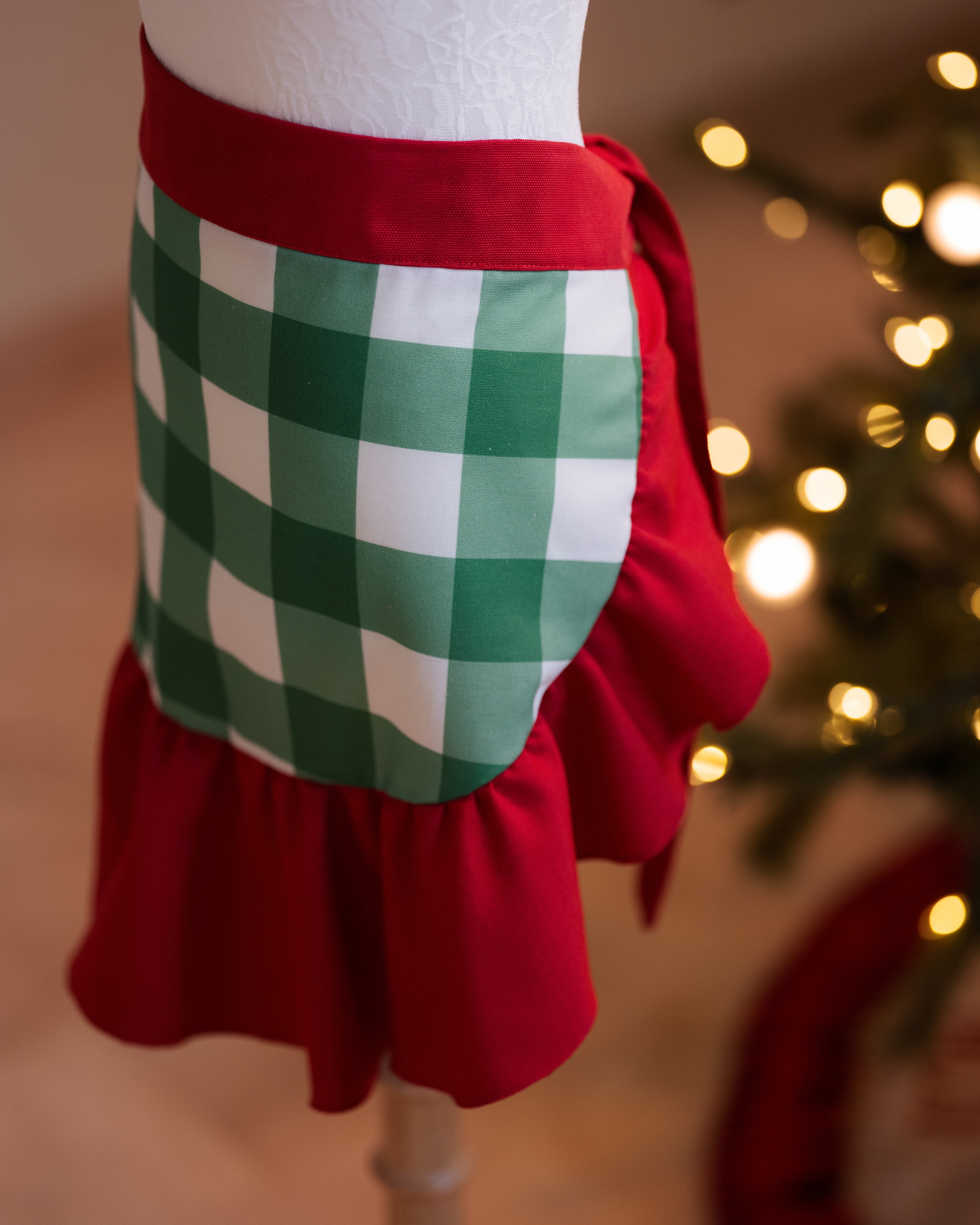 Green Gingham Waist Apron with Red Ruffles and Waistband