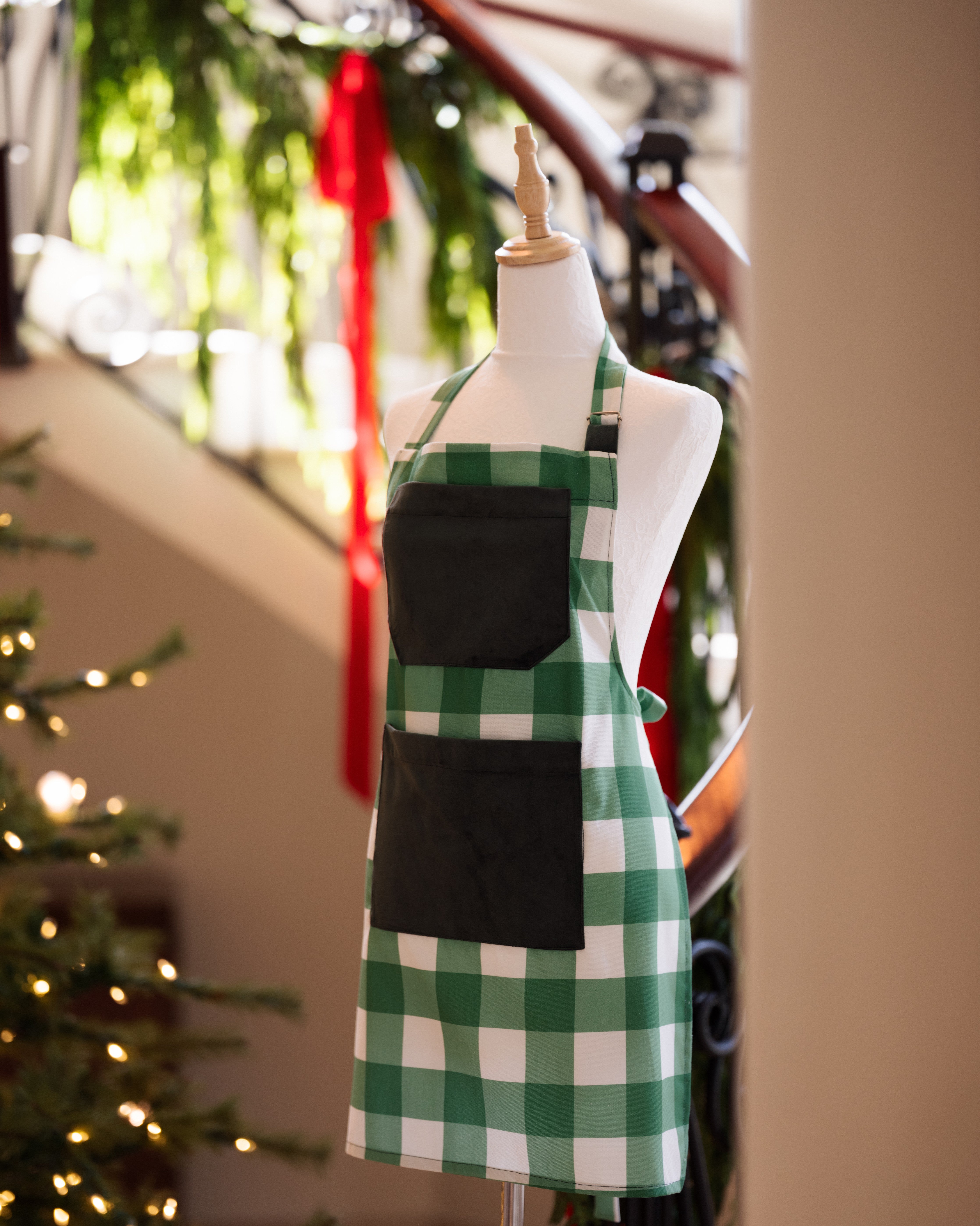 Red Tartan "Chef Style" Bib Apron with Contrast Pockets