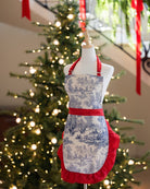 Blue Toile de Jouy Bib Apron with Red Ruffles